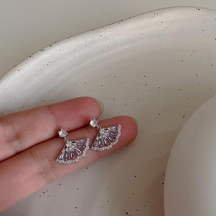 Purple Zircon Fan-shaped Women's Stud Earrings - Retro, Versatile & Stylish