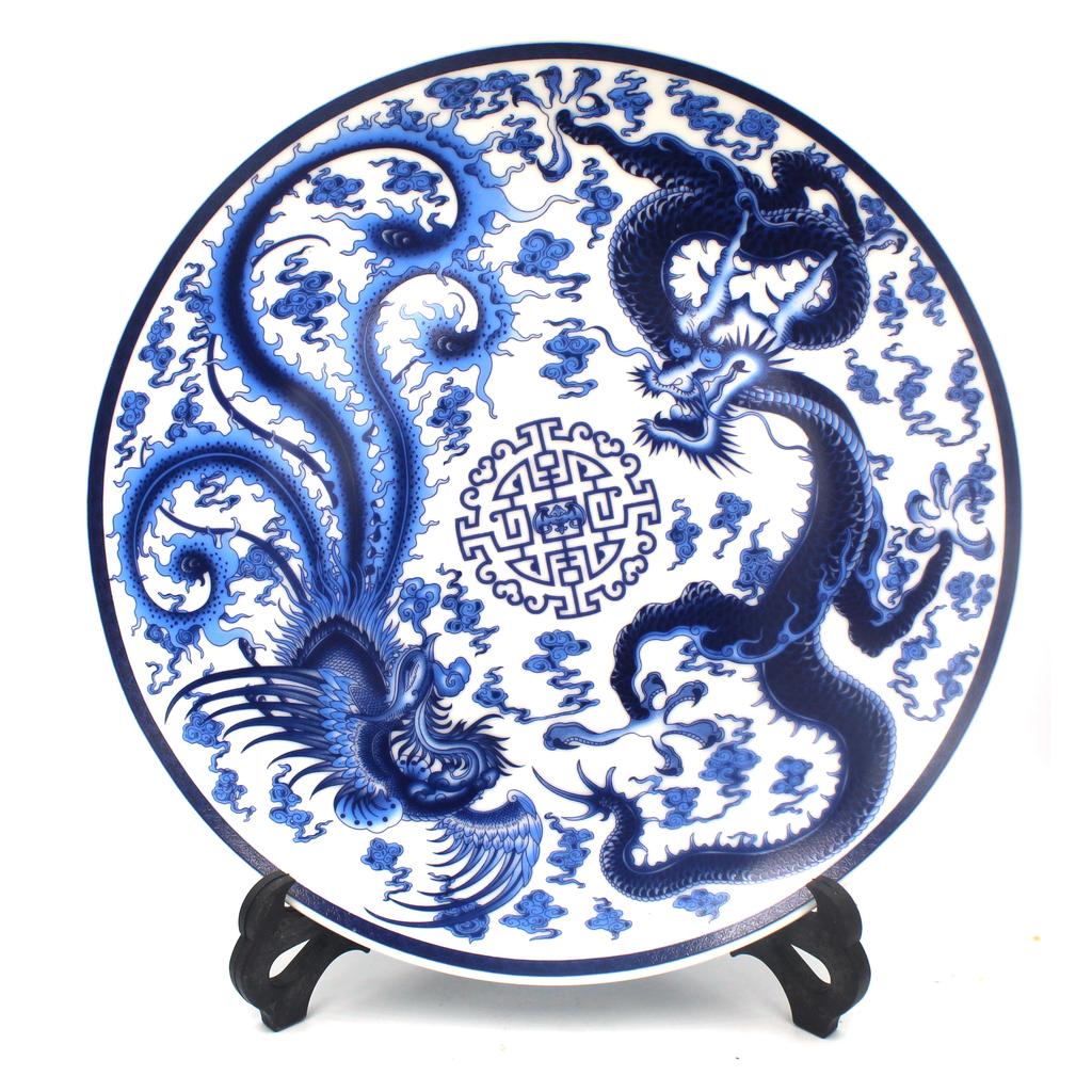 10 inch Chinese Style Lucky Ceramic Ornamental Plate Blue And White Porcelain Home Desk Decoration Dish Plate Set Wedding Gift