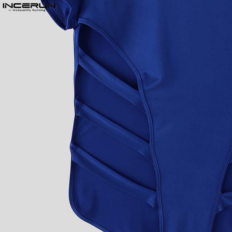 INCERUN Men Short Sleeve Hollow Bandage Fitted Jumpsuits Romper Homewear