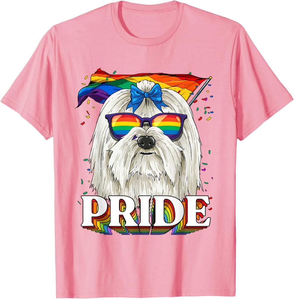 Maltese Dog Pride LGBTQ Rainbow Flag Sunglasses Graphic Tee Casual Cotton T-Shirt