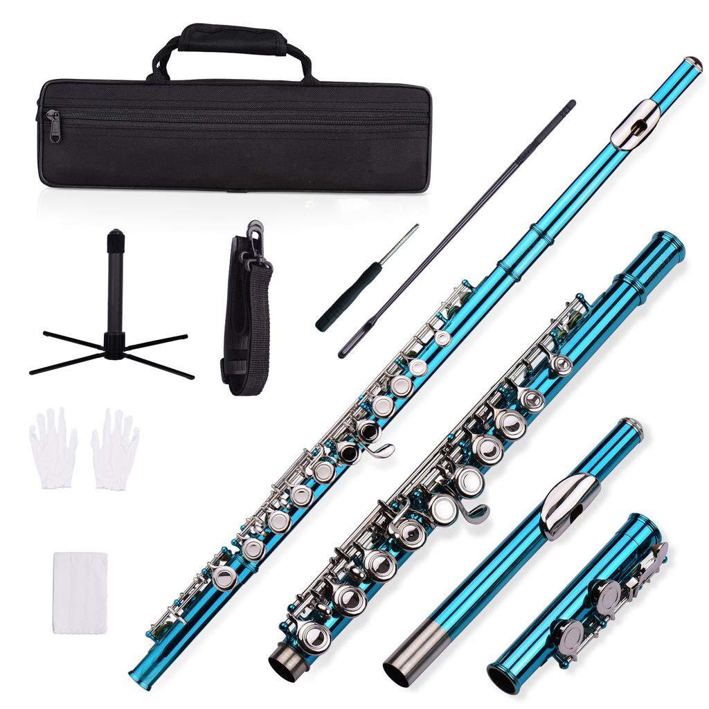 Closed Hole C Flute 16 Keys Cupronickel Nickel plated Wind Instrument with Carry Case Flute Stand Gloves Cleaning Cloth