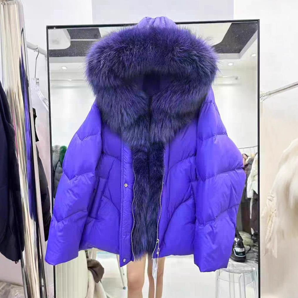European Winter New Fox Big Fur Collar Hooded Down Jacket Women's Short Fashion Loose Thickened Warm Jacket
