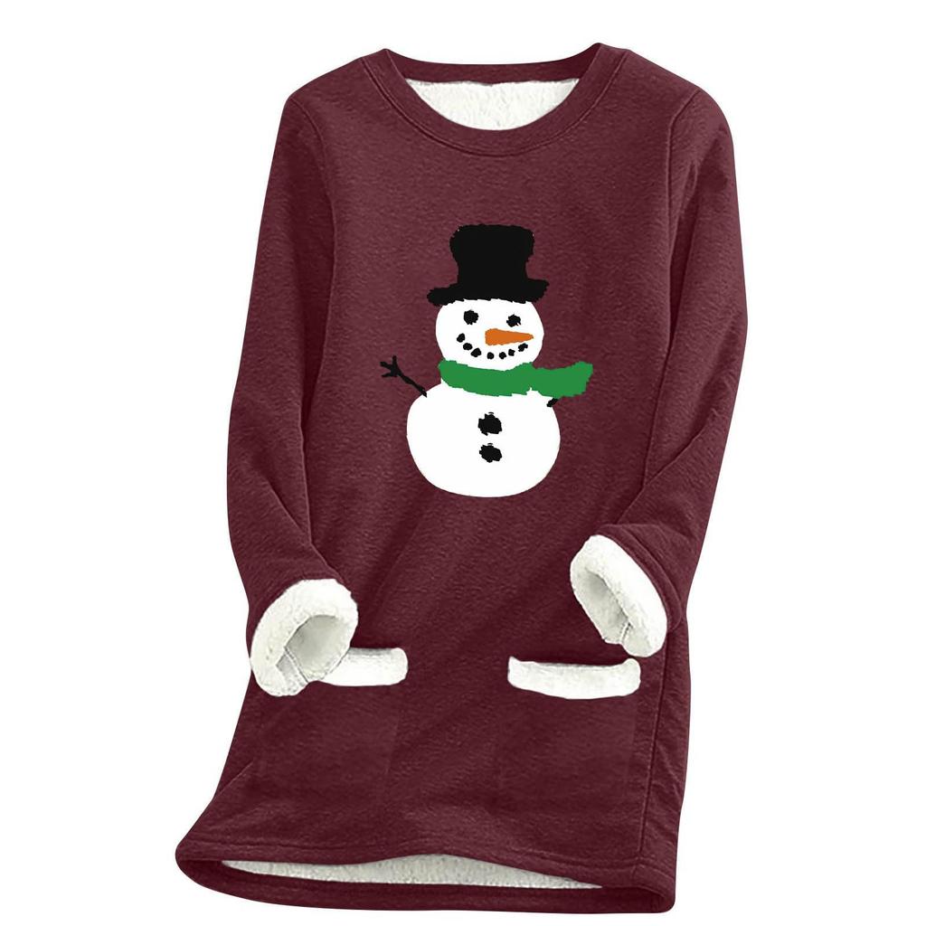 Ladies' Loose And Comfortable Round Neck Christmas Print Thick With Pockets Long Sleeved Top