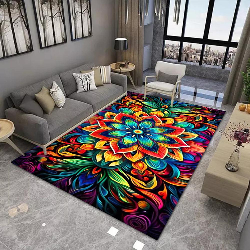 Vibrant Mandala Carpet Mat Rug Evil Eye Geometric Pattern Bohemian Abstract Design Modern Living Room Home Decor Soft Floor Mat