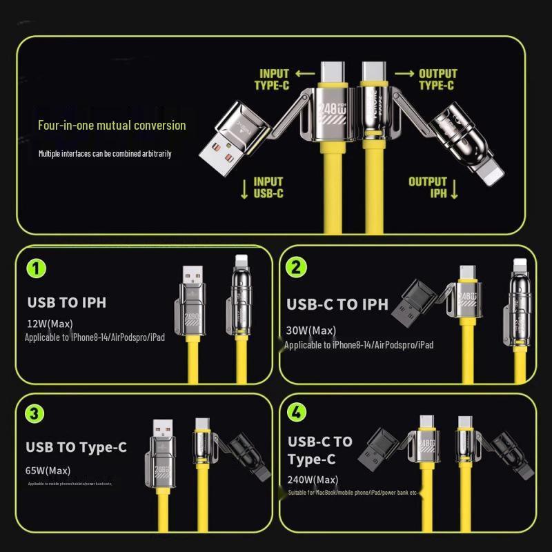4-in-1 Fast Charging Data Cable for Apple, Type-C, Huawei, OPPO, Xiaomi, Honor, Car Chargers