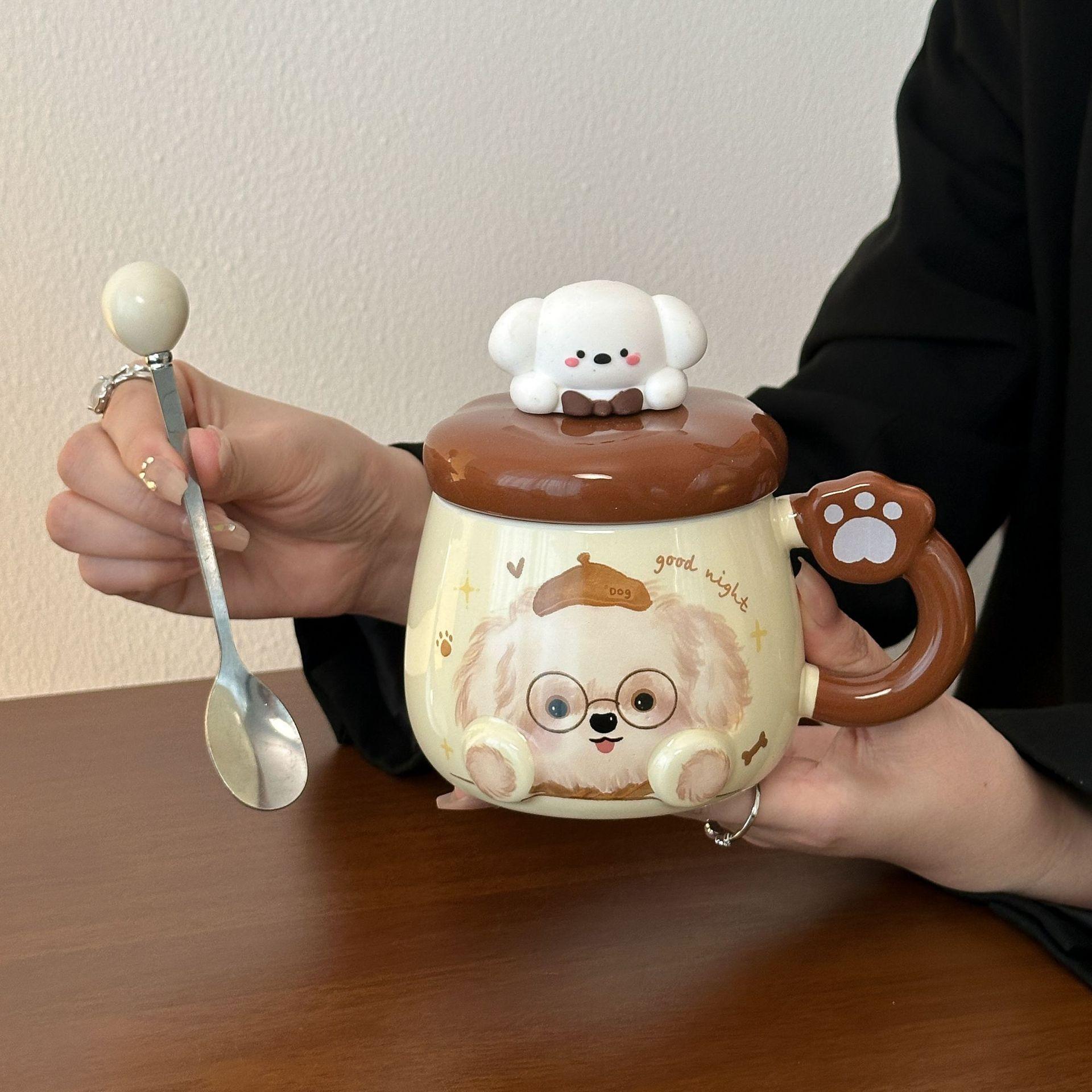 

Cute Puppy Water Cup Ceramic Mug With Lid Spoon Couple Household Cup Girls Office Breakfast Coffee Cup 301-400ml