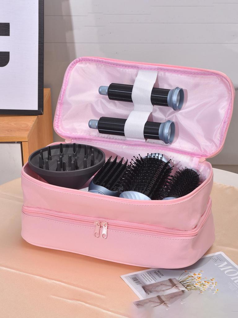 PU Double Layer Hair Dryer & Curling Iron Storage Bag - Large Capacity, Portable, Multi-functional Makeup Handbag with a High-end Feel.