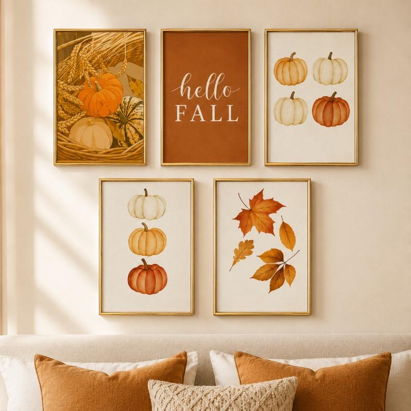 Terracotta Fall Pumpkin Canvas Gallery Wall Prints Autumn Maple Leaf Wheat Wall Art Farmhouse Thanksgiving Home Decor Gift