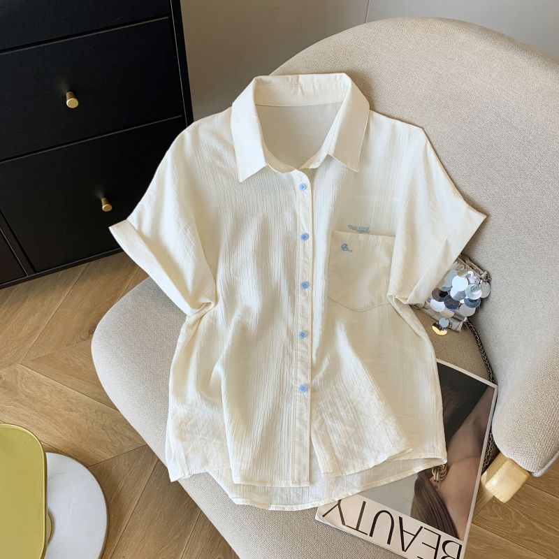 Korean Fashion Commuter Ol Loose Lapel Single-Breasted White Design Embroidered Shoulder Short Sleeve Shirts Top Women