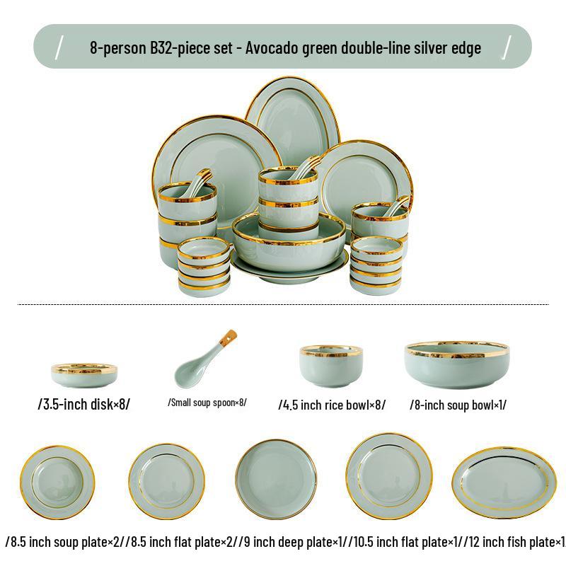 Keramik Geschirrset im nordischen Stil: Elegante Teller, Schalen & Essstäbchen mit Goldrand