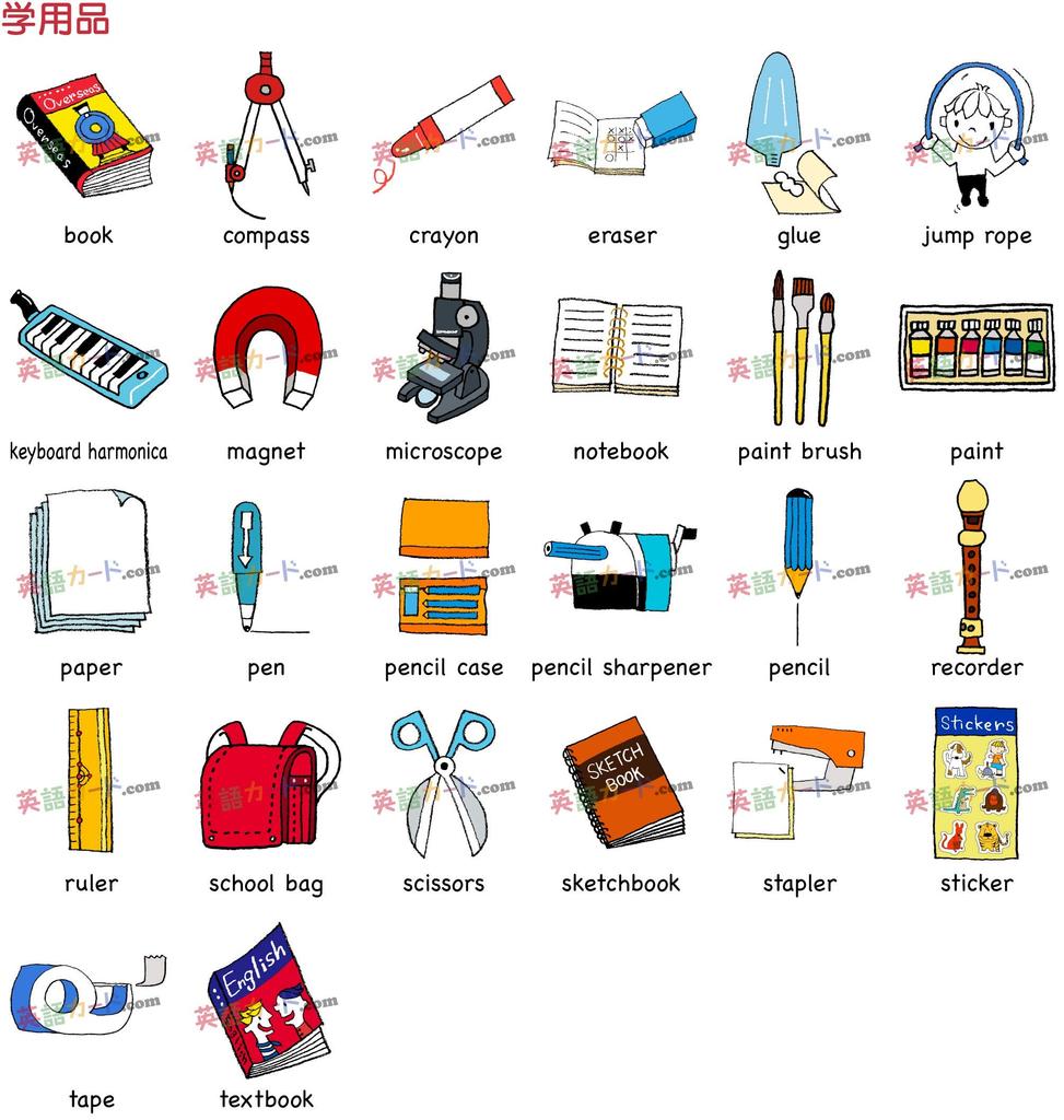 English Word Cards Flashcards, (School Goods) A4 Size, Laminated