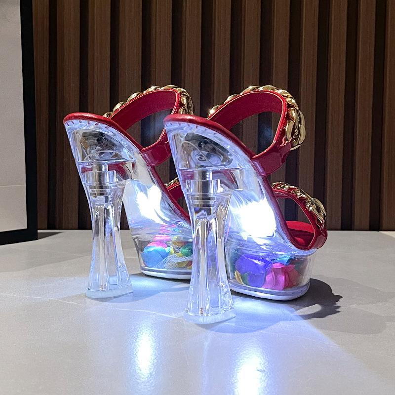 

Женские босоножки со светодиодной подсветкой, прозрачный каблук 14 см, светящаяся металлическая пряжка, непромокаемые тапочки на высоком каблуке, LFD-10365-20 35