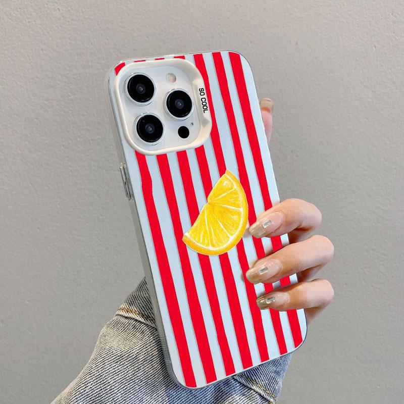 Laser Phone Case For iPhone 16 Pro Max 15 14 Plus Pro Max 11 12 13 Mini Pro Max Cover Red Striped Lemon Pattern Shockproof Shell