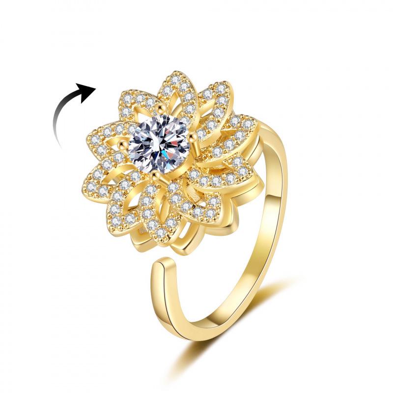 

European-American Women s Rotating Zirconia Four-Leaf Clover Ring Adjustable Opening золотий