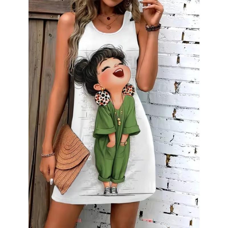 Women's Cartoon Girl Notes Printed Sleeveless Round Neck Dress Loose Soft and Comfortable Plus Size Dress