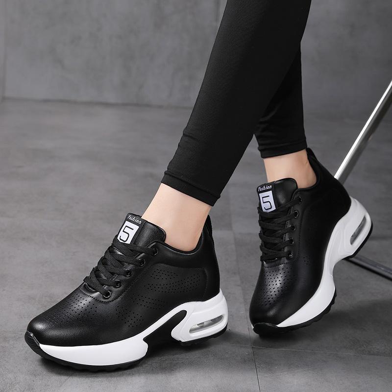 8.5cm Wedge Heel Platform Shoes Chunky Sneakers Hollow Breathable Women Summer Sneakers Pumps Shoes Microfiber Leather Shoes