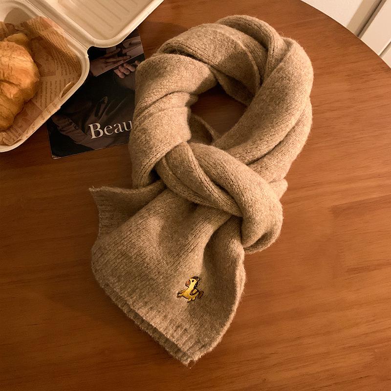 New Embroidered Pony Knitted Wool Scarf Women's Autumn and Winter Korean Version Versatile Small Fresh Couple Scarf Men