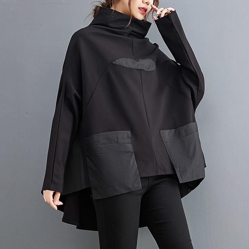 Plus Size Women Black Loose Pocket Irregular Big Size Tops Turtleneck Long Sleeve Spring Autumn Patchwork Hoodie Sweatshirt