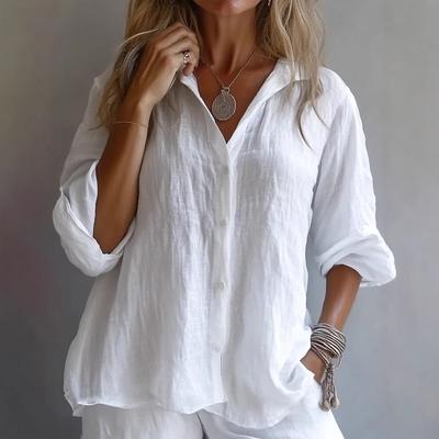 Women's Spring and Summer V-neck Linen Long Sleeved Shirt Solid Color Casual Single Breasted Top