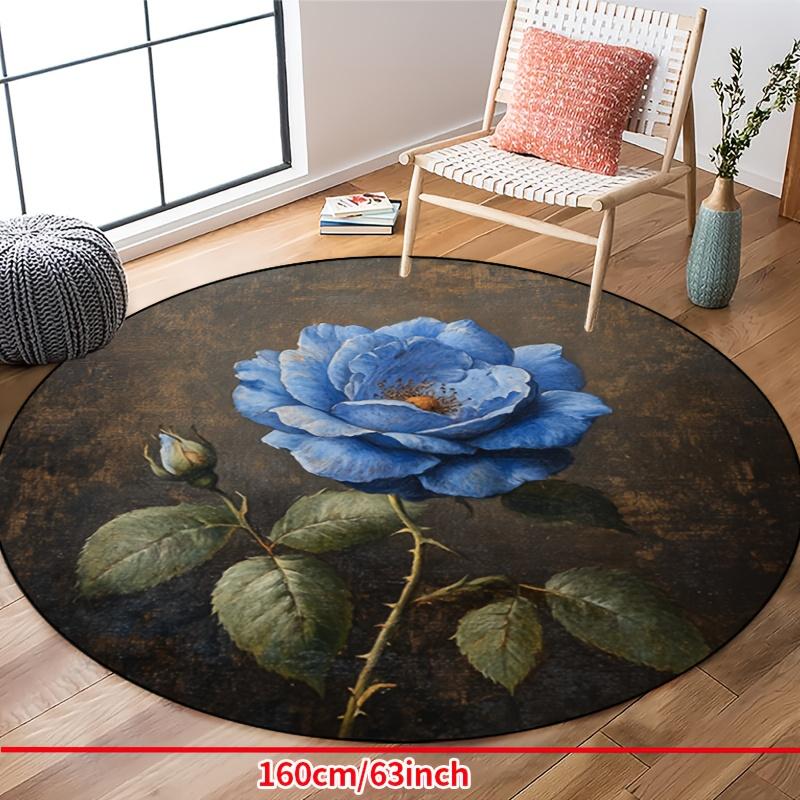 Luxury Blue Rose Floral Pattern Round Shape Floor Mats Kitchen Hallway Runner Rug Bedroom Living Room Soft Carpet Non-slip Area Rug