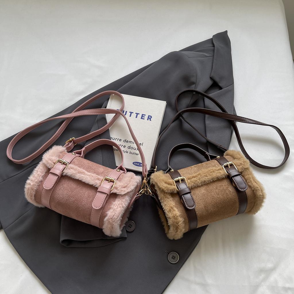 Plush Frosted Patchwork Handbag Small Square Bag Fashionable Retro Handbag Shoulder Bag