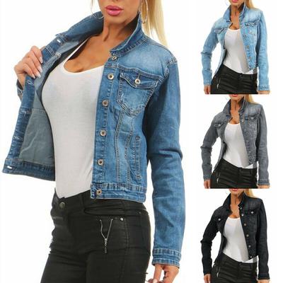 Women Lady Denim Jacket Jeans Stretch Fitted Button Jackets Coat Plus Size S-3XL