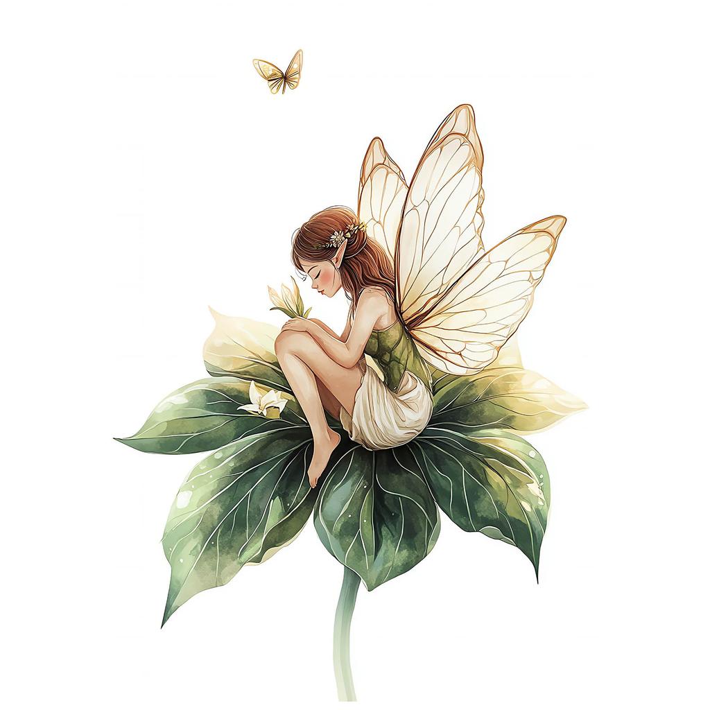 Poster Magic Fairy On Green Leaf Poster Magic Fairy On Green Leaf, 70X100 Cm, Frameless, Premium Canvas On Stretcher