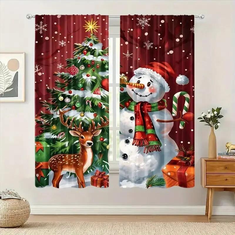 2pcs Festive Snowman Pattern Curtains  Christmas Window Decorations  Polyester Fabric  Rod Pocket  Home Decor