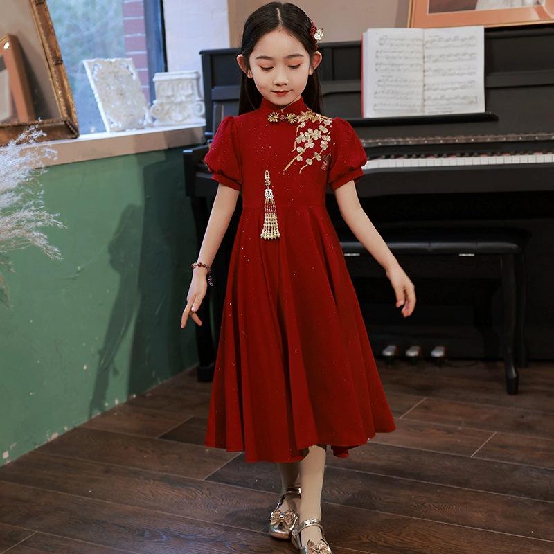 Red Chinese Style Cheongsam Dress for Girls - Floral Wedding & Piano Performance Outfit