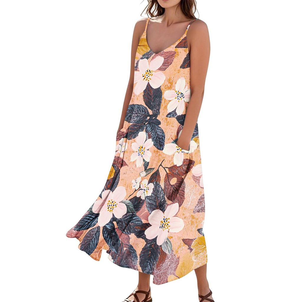 Women's Casual Tie- Floral Print Sleeveless Pocket Dress
