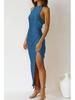 2023 Cross-Border Women's Solid Color Satin Halter Backless Slit Midi Evening Dress
