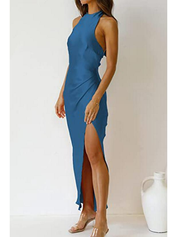 2023 Cross-Border Women's Solid Color Satin Halter Backless Slit Midi Evening Dress