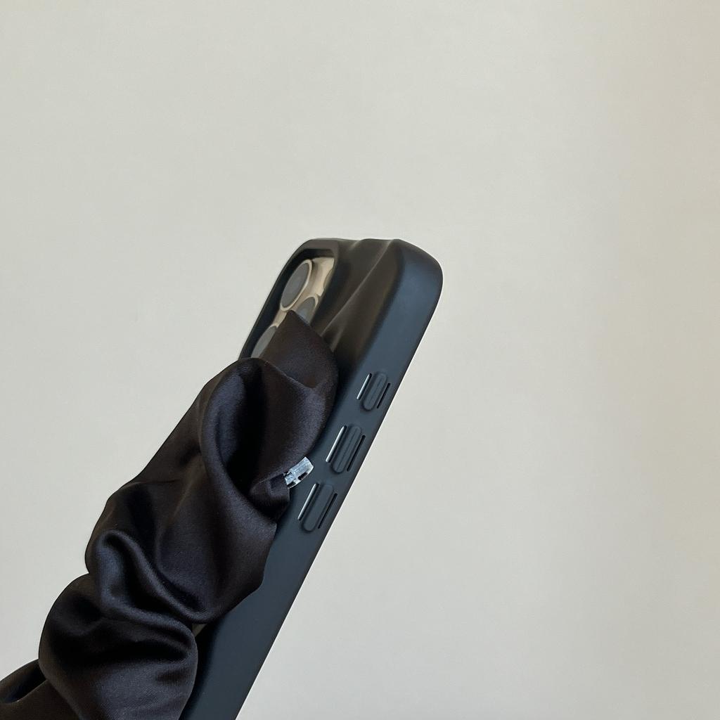 Minimalist Irregular Wrinkle Phone Case with Silk Scarf Wristband for iPhone 11-17 Series, TPU Shockproof Cover with Skin-Friendly Matte Finish