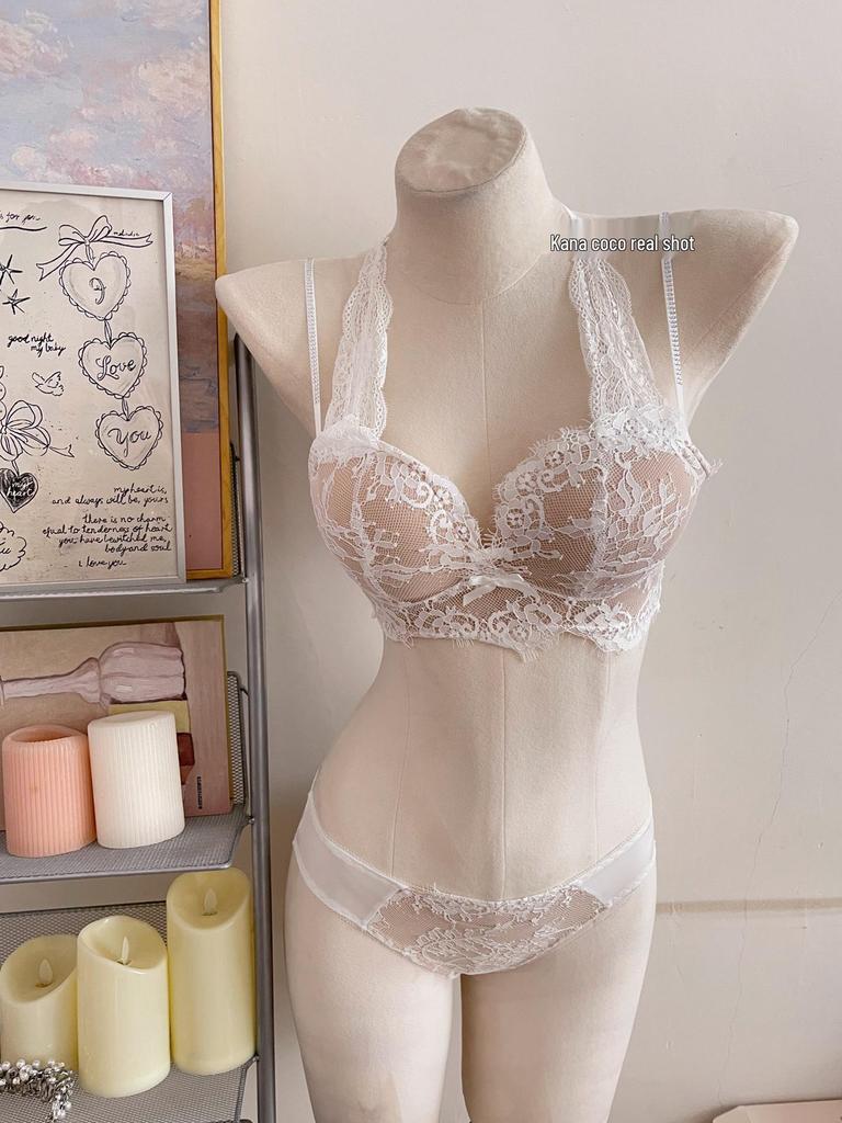 French Pure Desire Lingerie Set: Halter Lace Bra & Beautiful Back Anti-Sagging Bra
