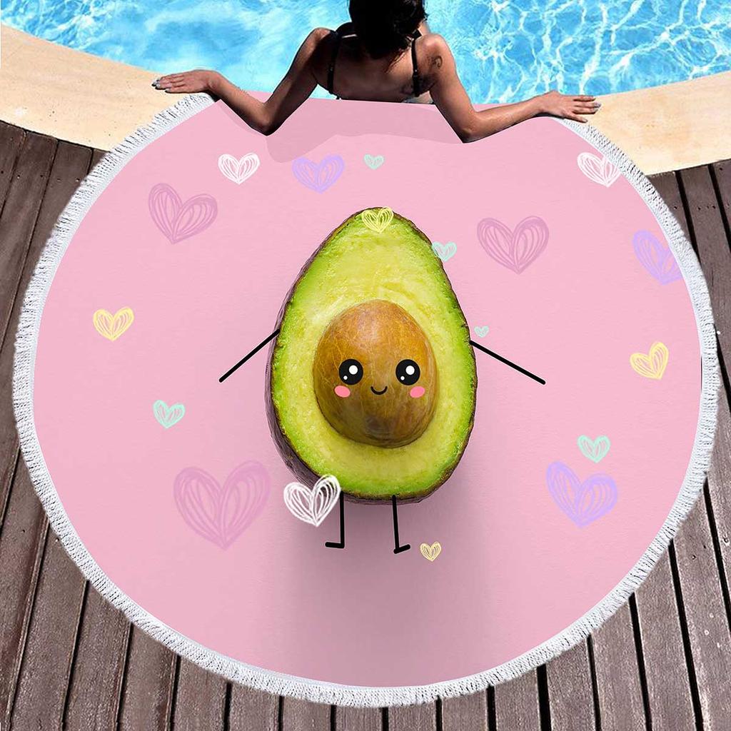 Tropical Fruit Avocado Round Beach Towel Microfiber Boho Round Hawaiian Beach Blanket Sand Proof Circle Swim Towel with Tassels