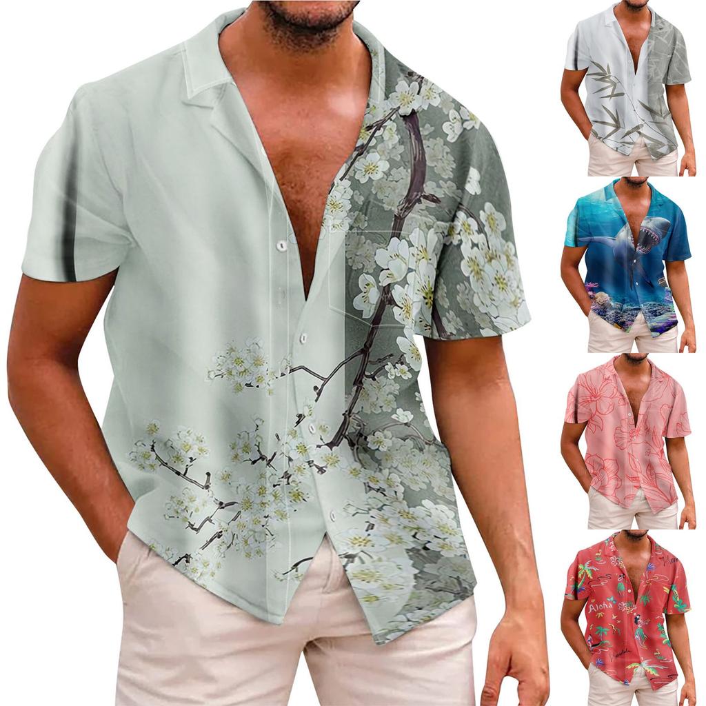 Summer New Men's Printed Slim Fit Shirt Large Fashion Casual Short Sleeve Shirt Men