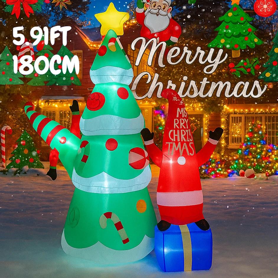 5.91FT Christmas Inflatable Toys With LED Lit Christmas Tree Santa Set Supplies Home Ornaments Festive Gift Xmas Yard Decoration