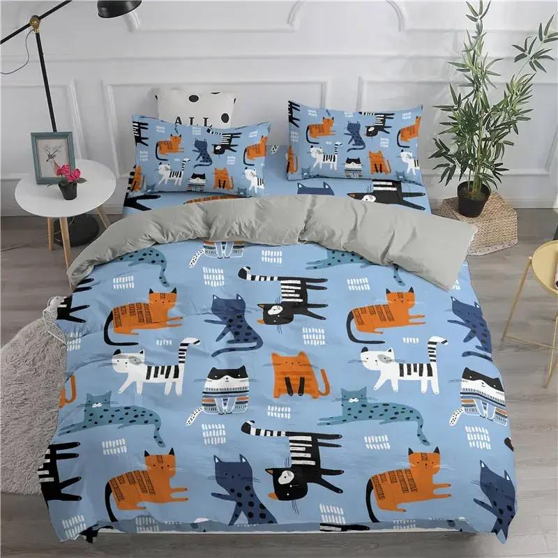 Juego de Ropa de Cama de Dibujos Animados Gatos Lindos Cómoda Funda Nórdica Funda de Almohada Juego de Cama Decoración Habitación Infantil Textiles para el Hogar