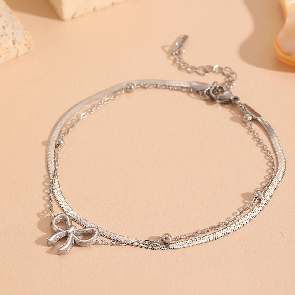 Double Blade Stainless Steel Bow Pendant & Bead Clamp Jewelry Set for Women
