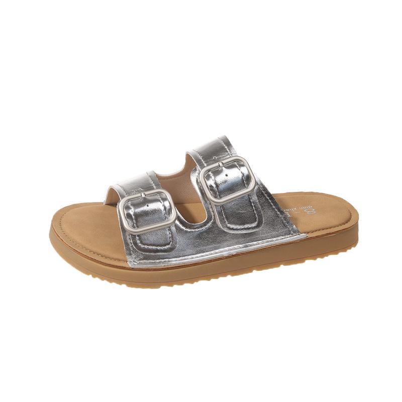 

Fashion Women s Fashion Flat Sandals Summer New Round Head Open Toe Metal Buckle Soft Sole Anti-slip Wear-resistant Slippers 35
