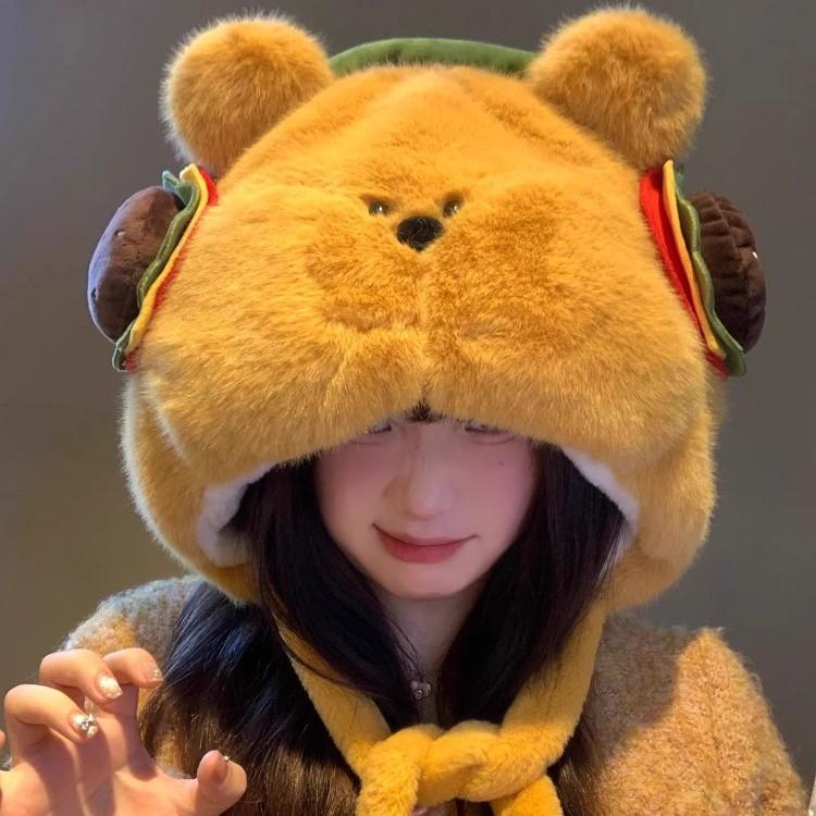 MIND BOY Cute Burger Bear Plush Hat Female Warm Big Head Circumference Show Face Small Ear Protection Lei Feng Hat