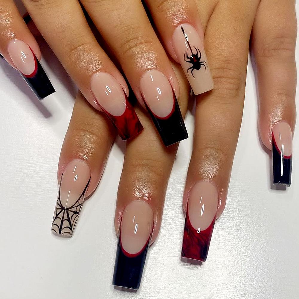 

Long Stiletto Black French Spiderweb Halloween Press-On Nails