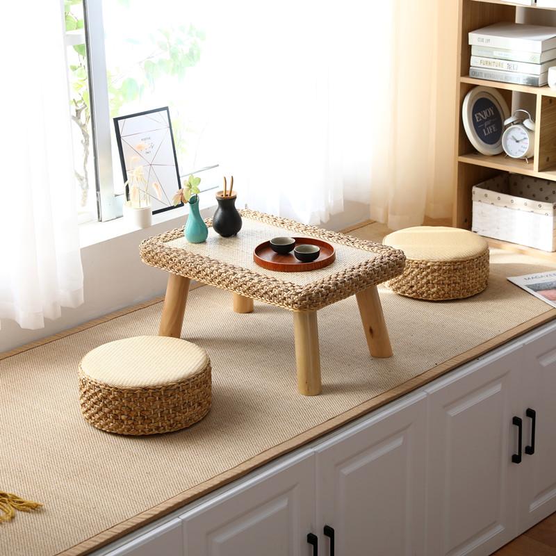 Handwoven Rattan Tea Table Japanese Tatami Style Small Space Coffee Stand Natural Living Room Furniture for Zen Decor