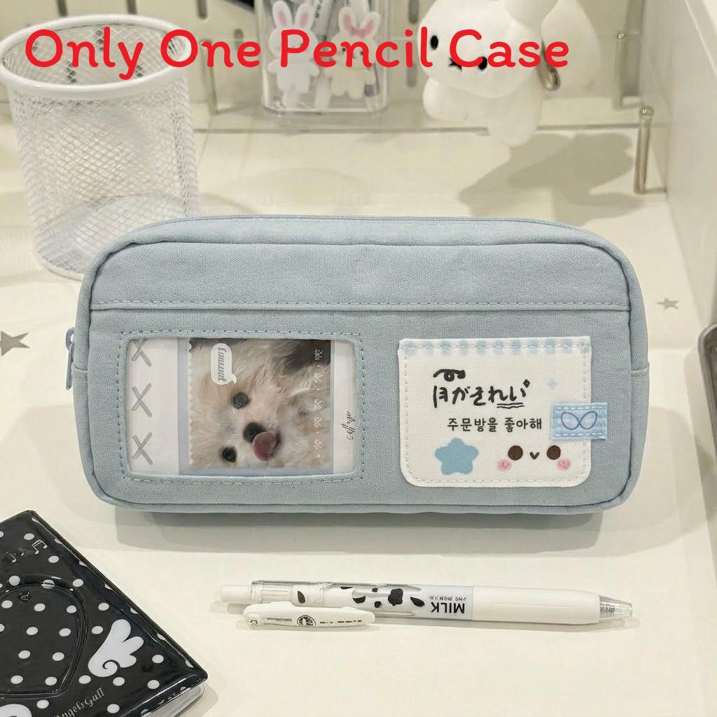 Blue White Cat Pencil Case With Canvas Material For Students And Office Use