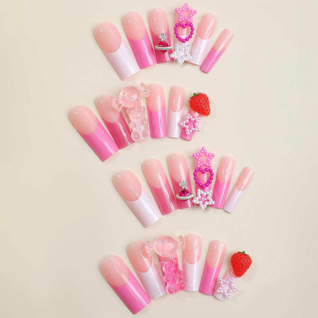 Hot-Selling Extra Long Handmade Wearable Nails with French Edge and Pearl Candy Heart Design