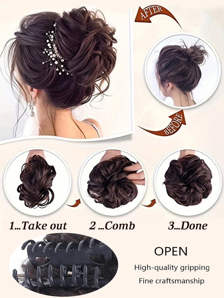 Synthetic Bun Claw Clip Light Brown 6-inch Clip On Hair Wavy Curly Bun Ponytail Extension Wig For Women