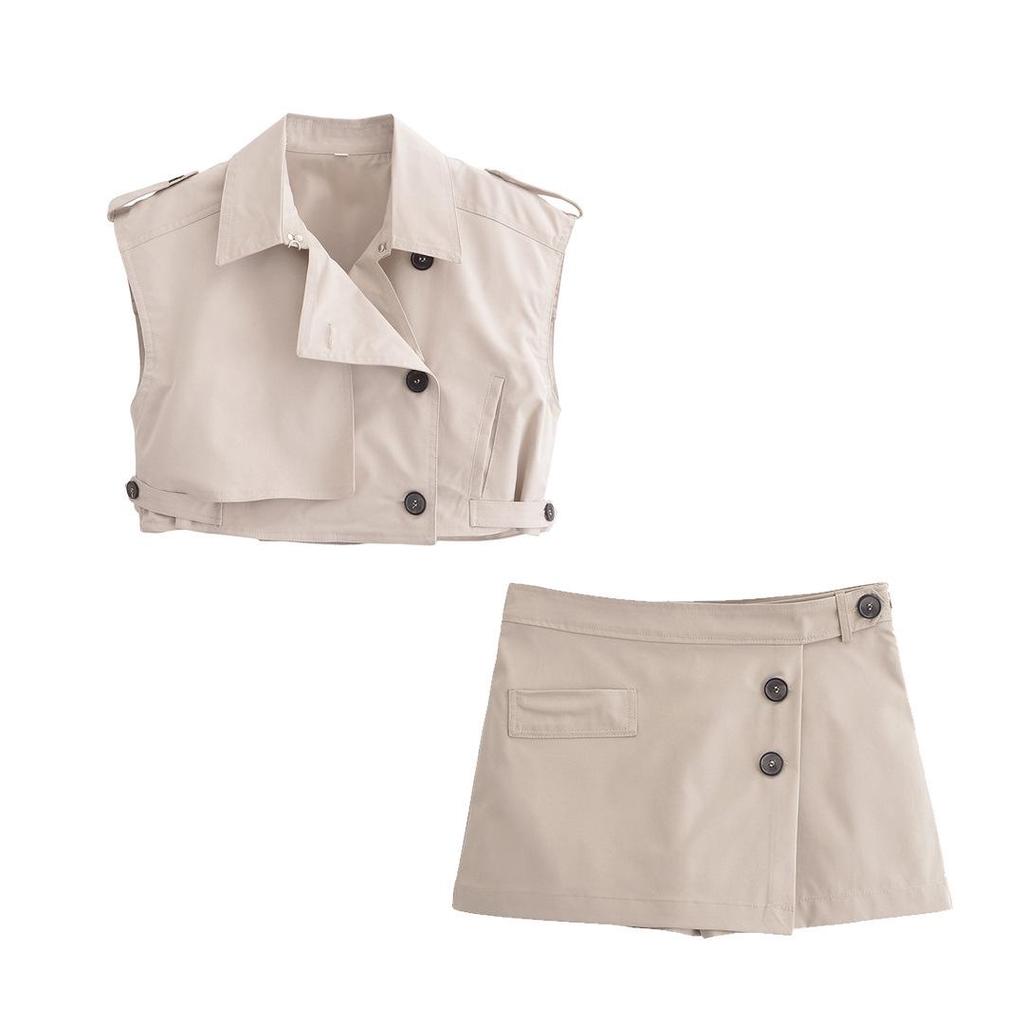 Wiosna 2025 Damski Europejski i Amerykański Styl Zapinany Zestaw Kulotów i Krótkiej Kamizelki