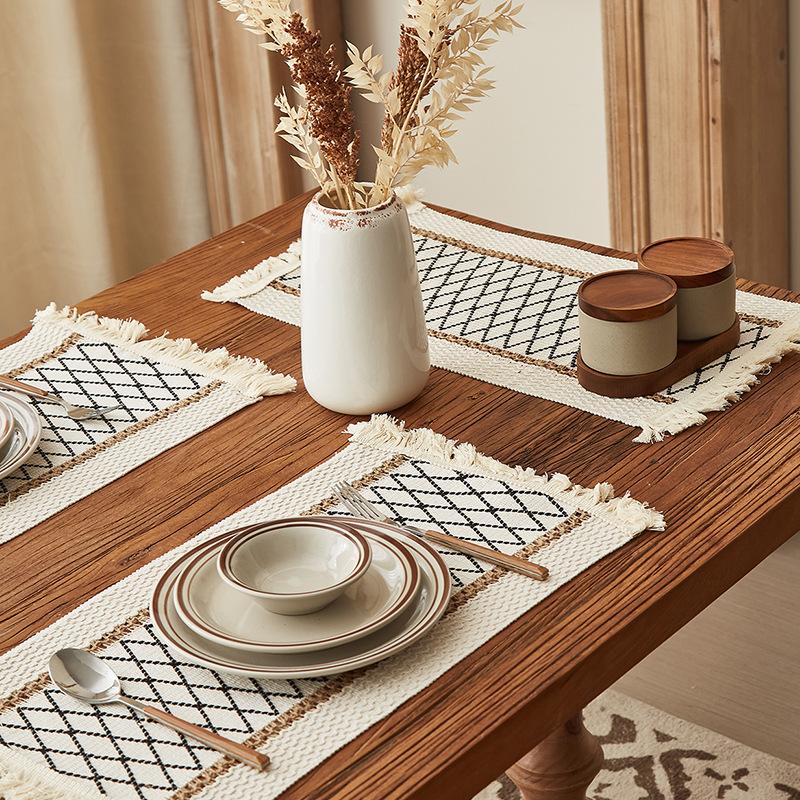 Simple woven tassel American cotton and linen square splicing natural material placemat table mat holiday decorative hemp rope