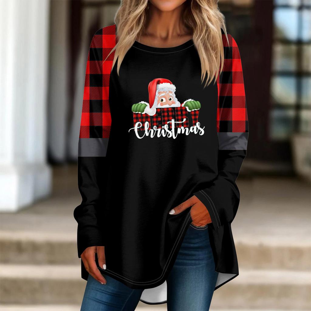 Fashionable Women's Loose Round Neck Christmas Small Print Long-sleeved T-shirt Top Pullover