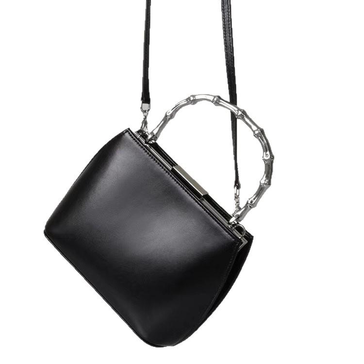 New Bamboo Bag Imported First-layer Cowhide Silver Handle Modern Frog Mouth Bag Premium Sense Portable Shoulder Dinner Bag
